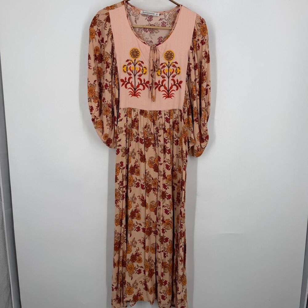 Rusttydustty Multicolor Floral Tie Neck Flutter Sleeve Midi Dress Size Medium